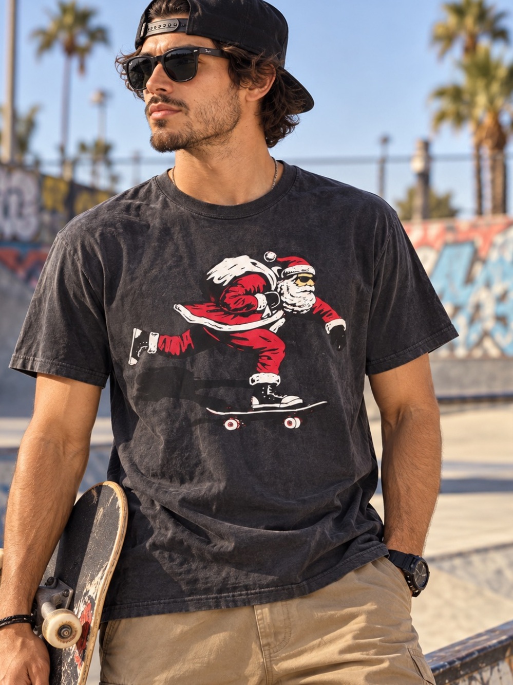 Old Navy Black Graphic Skate Santa Tee skating funny unique